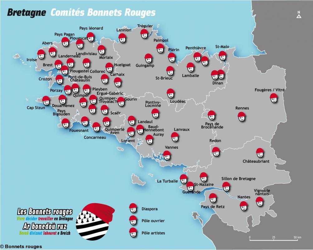 Carte des comités de Bonnets rouges en Bretagne mise à jour.