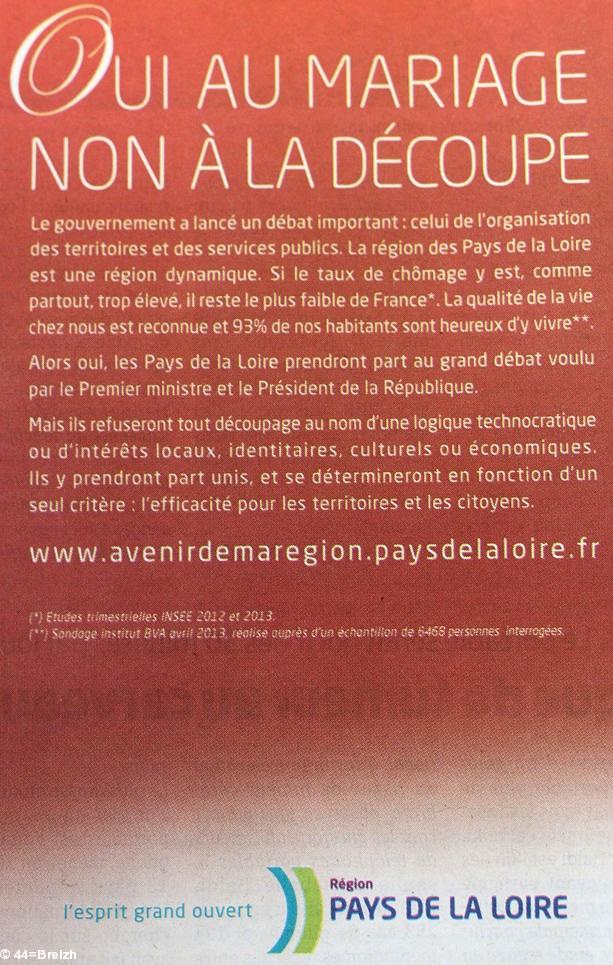 Publicité-propagande des <i>Pays de la Loire</i> trouvée dans la presse nantaise le 14 mai 2014. Gros plan sur le texte.