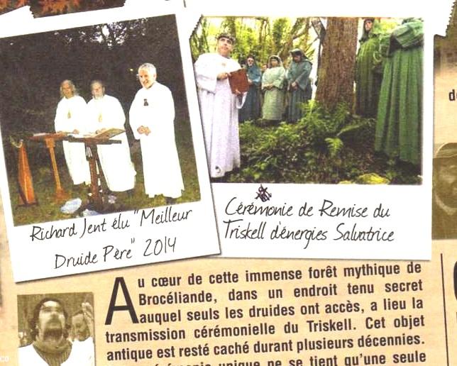 Arnaque “druide” Jent. Prospectus p. 3, gros plan. Avec photo volée de membres de la Gorsedd de Bretagne et du Grand Druide. Légende erronée : ce n'est pas à Brocéliande.