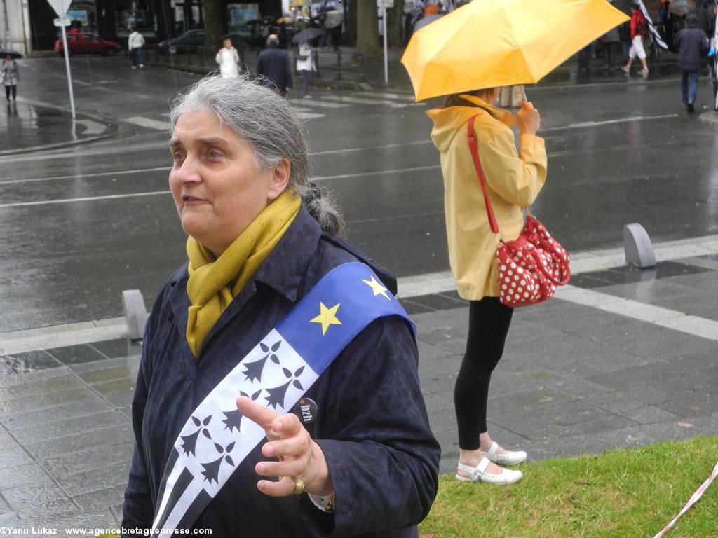 [Nantes, manifestation 28/06/2014]. En marge du défilé, Mona Braz du Conseil Régional de Bretagne, s'exprime en breton à la demande de l'interviewer congolais, ravi de faire découvrir à son public les sons et rythmes de la langue bretonne.