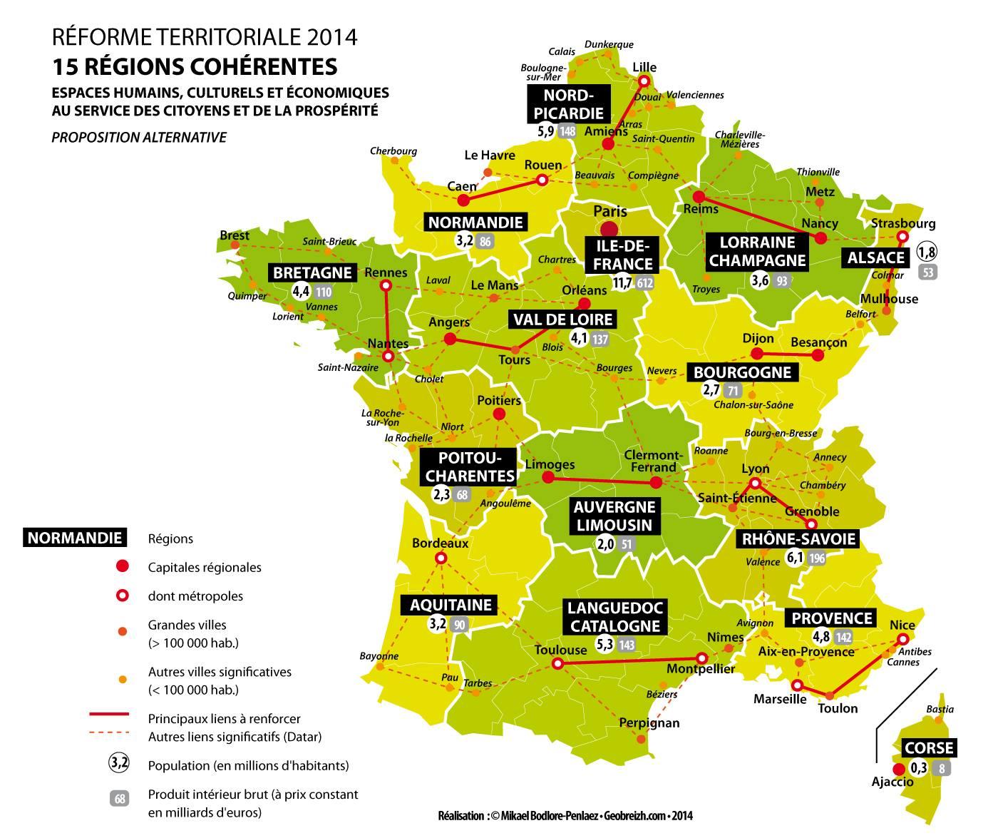 Une carte alternative pour la réforme territoriale. Réalisation Mikael Bodlore-Penlaez, GeoBreizh.