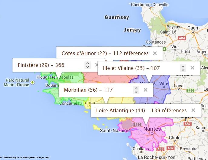 Carte interactive de localisation en Bretagne des films de la collection <i>Mémoire du travail</i> de la Cinémathèque de Bretagne. 937 références.