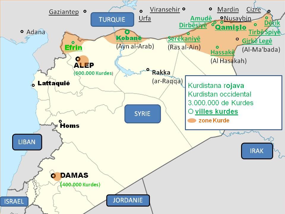 carte du Kurdistan syrien (Rojava)