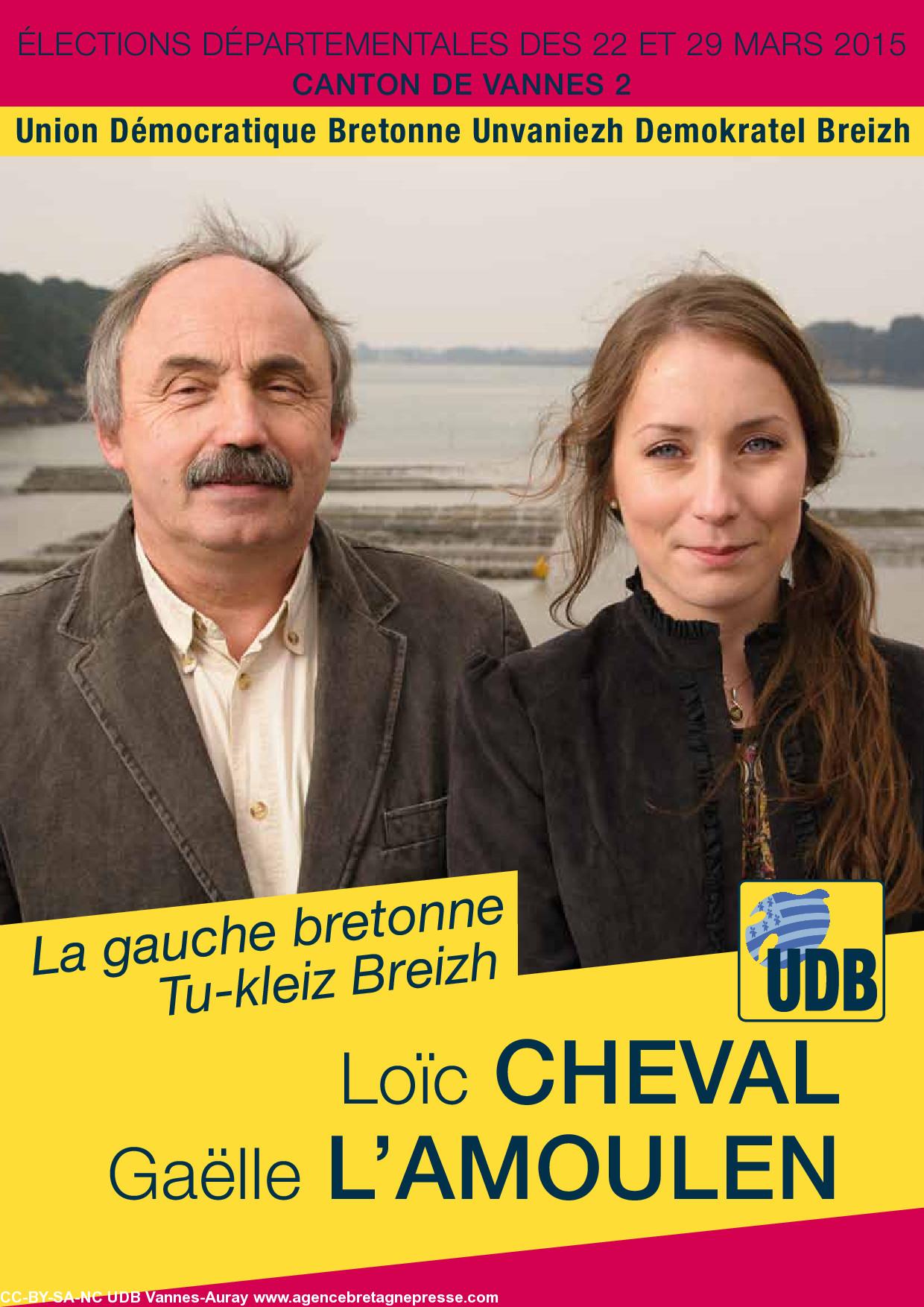 Affiche de la liste UDB sur le canton de Vannes 2 - Loïc Cheval et Gaëlle L'Amoulen