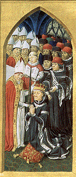 Couronnement du duc François Ier de Bretagne
 dans la cathédrale St-Pierre de Rennes en 1442
(détail d'une miniature du XVe siècle, BNF)