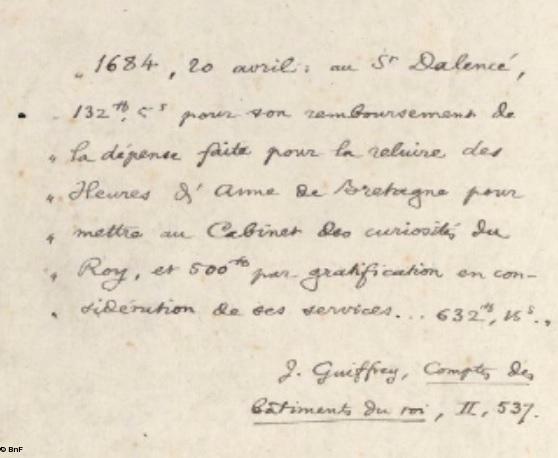 Reliure du Grand livre d'Heures d'Anne de Bretagne. Note de Jean Guiffrey glissée dans le livre (Compte des bâtiments du roi, vol. 2, p. 537)