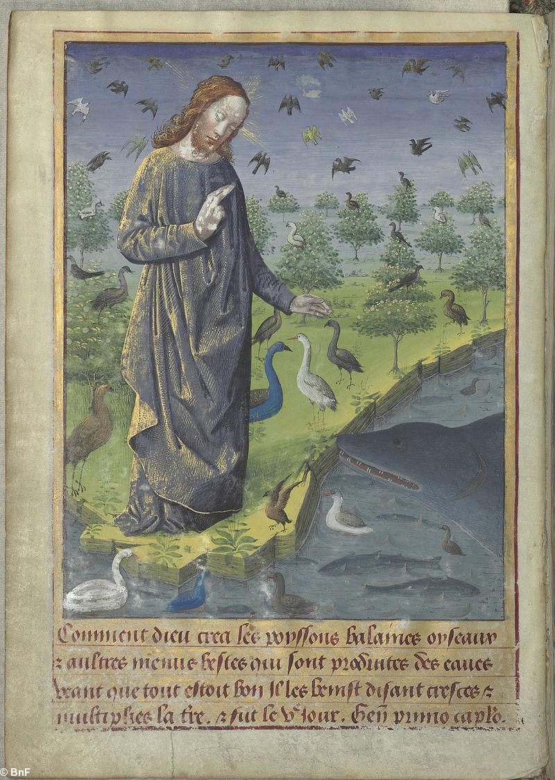 Heures de Louis de Laval, BnF ms lat. 920 : f° 4v, Dieu créateur des poissons et des oiseaux.