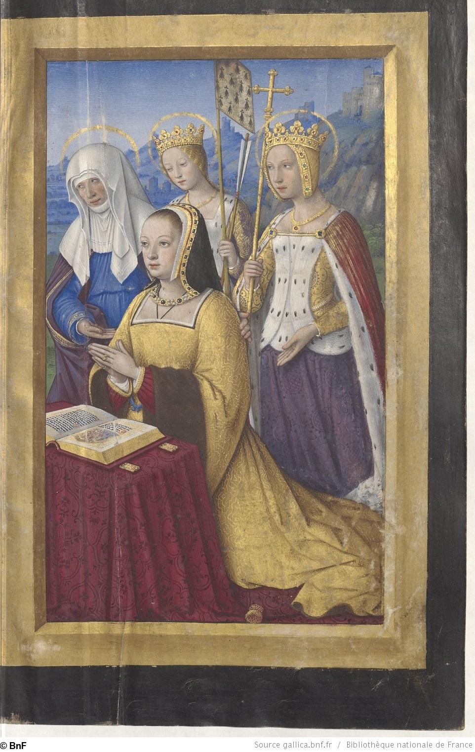 Le Grand livre d'Heures d'Anne de Bretagne f° 3r très connu : Anne en prière devant Sainte Anne, Sainte Hélène et Sainte Ursule.