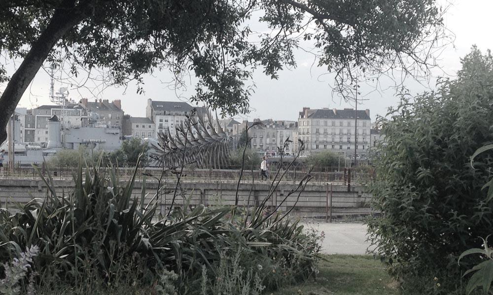 Derrière un peu de verdure, une oeuvre piquante, un bateau de guerre sur la Loire (le Maillé Breze) et derrière une fenêtre, les bureaux de Avocat-et-conseil.fr à Nantes.