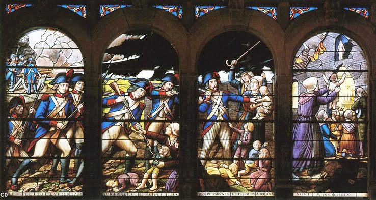 Vitrail de Fournier, à la chapelle du Petit-Luc, 1902. Plusieurs centaines de femmes, enfants et vieillards furent massacrés dans l'église le 28 février 1794.