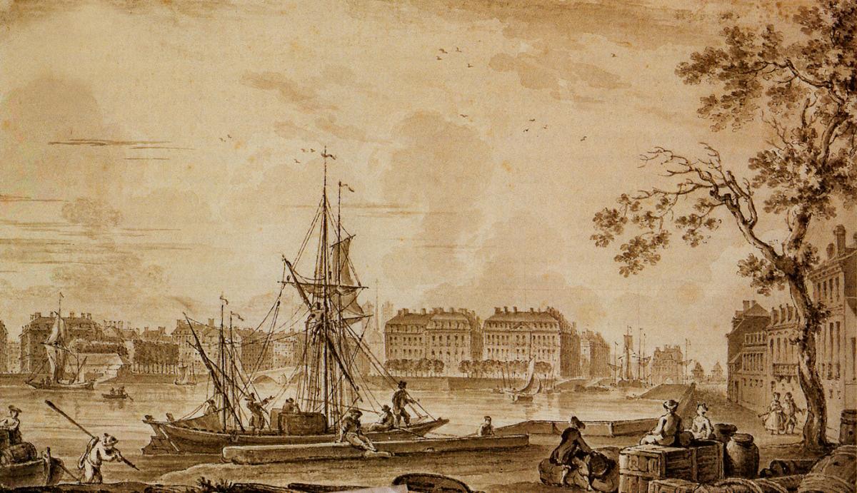 Vue du port de Nantes prise de l'île Gloriette au XVIIIe, attribuée à Nicolas Ozanne (1728 – 1811). Dessin lavé à l'encre de Chine (Nantes, Musée Thomas Dobrée)