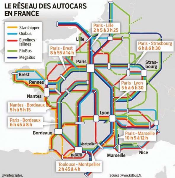 La carte des lignes autocars low-cost. Source kelbus  http://www.kelbus.fr LP/infographie.