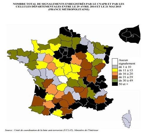 Signalements de radicalisation par départements, source Uclat