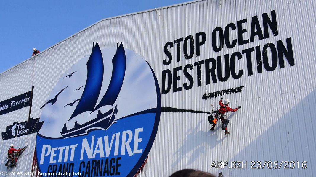 Militant de Greenpeace taguant la facade de Petit Navire