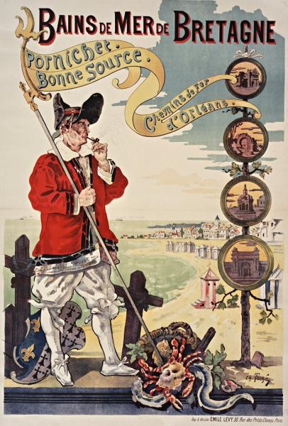 Charles Toché (Nantes 1851 - Paris 1919). Les Bains de mer de Bretagne à Pornichet, plage de Bonne source, pour les Chemins de fer d'Orléans. Affiche de 1892.