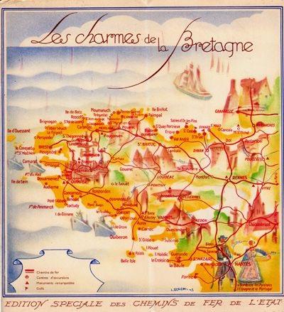 Les Charmes de la Bretagne, carte de la Bretagne entière, édition spéciale des Chemins de fer de l'État. Sans date, signature illisible. Un couple en costume autour de Nantes (coiffe de Plougastel ?).