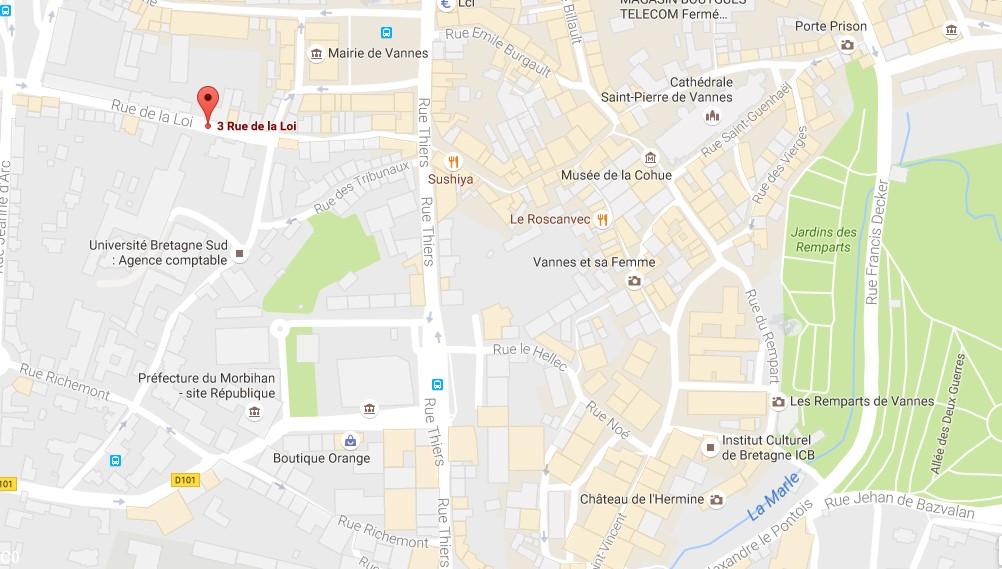 Plan de Vannes localisant le nouveau lieu de Ti ar Vro Bro Gwened, 3 rue de la Loi.