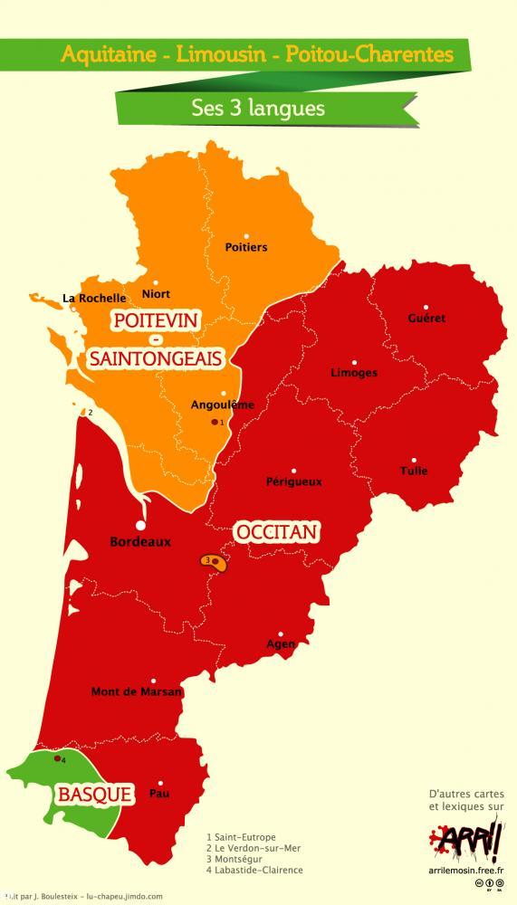 Trois zones culturelles et linguistiques dans la Nouvelle Acquitaine. source arri : http://arrilemosin.free.fr/