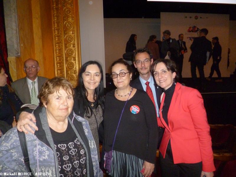 De g. à dr. Françoise Trabut du groupe de travail de la MJC, Sylvie Le Moël Philippe, chef de projet Aristote, Laure Coudret-Laut, directrice de l'Agence Erasmus+ France, Sébastien Thierry, directeur adjoint de l’Agence Erasmus+ France, Vanessa Debiais Sainton, chef d’unité adjoint pour l’enseignement supérieur, commission européenne DG EAC (Bruxelles)