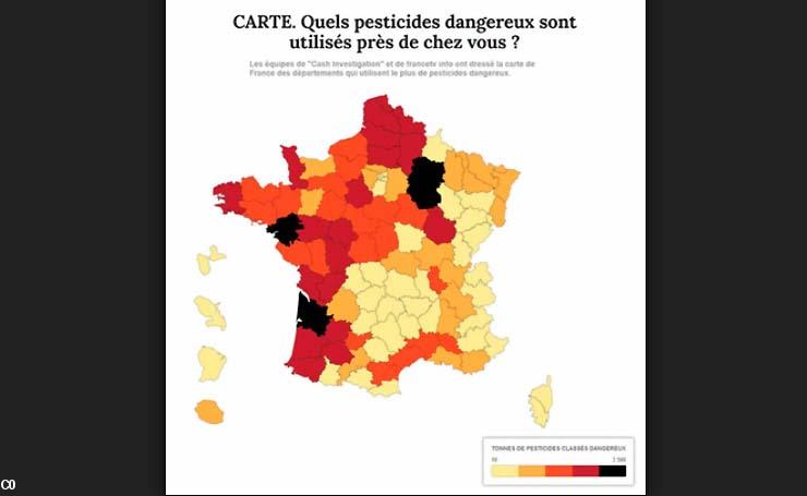 La carte de l'utilisation des pesticides en France (source :cash investigation). Les zones les plus impactées sont les zones viticoles. On notera la Loire-Atlantique où l'on produit le Muscadet et bien sûr le Bordelais. Toute la Bretagne est dans le rouge.