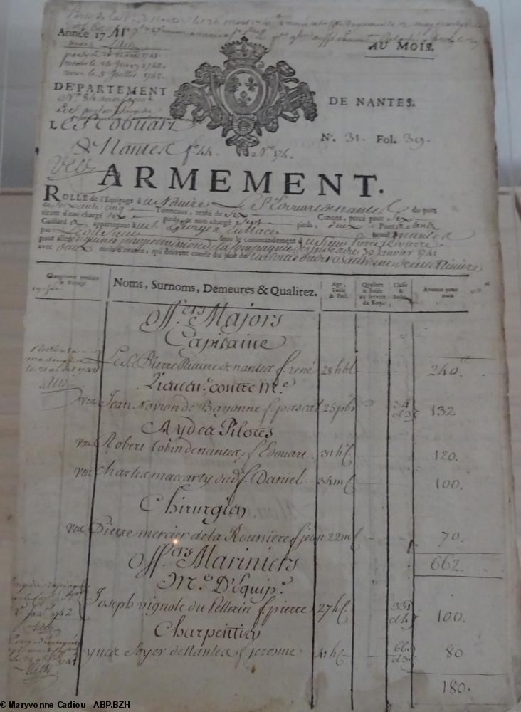 12 Documents. Rôle de désarmement. Liste de l'équipage du navire pour la gestion des gens de mer par l'administration de l'Inscription maritime, avec les modifications apportées au cours du voyage. 1742.