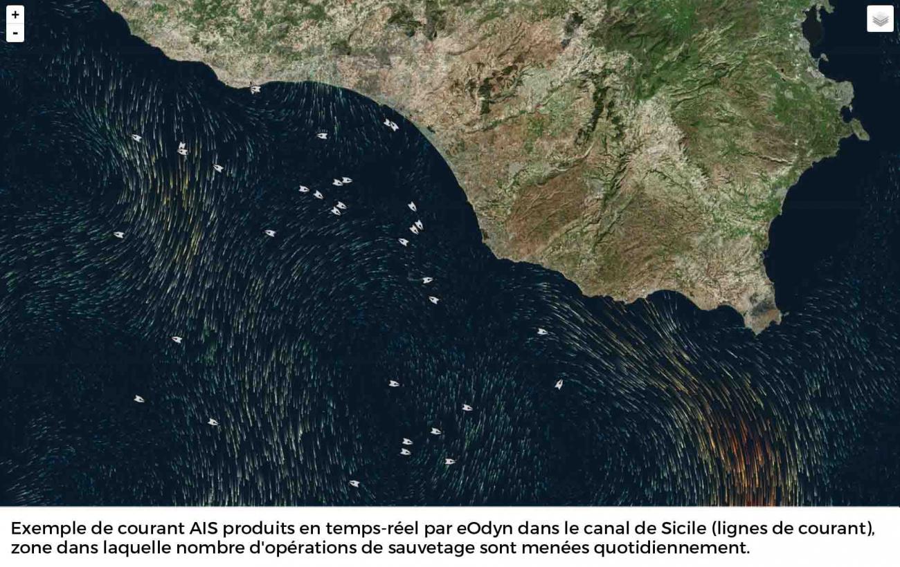 Vue des courants de surface dans le Canal de Sicile.