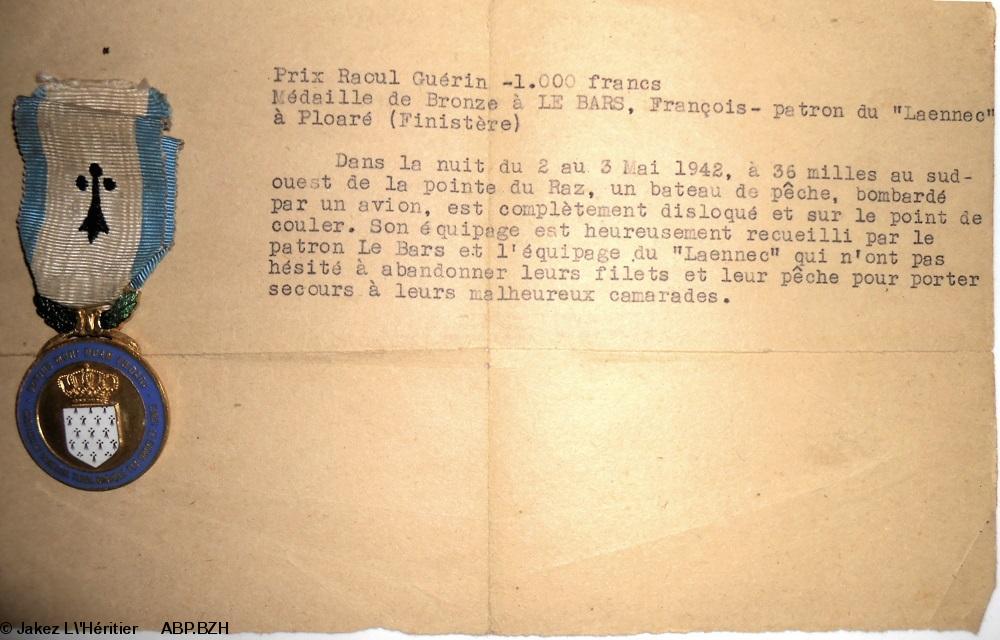 Médaille de sauvetage de François Le Bars, 1942 et états de service.