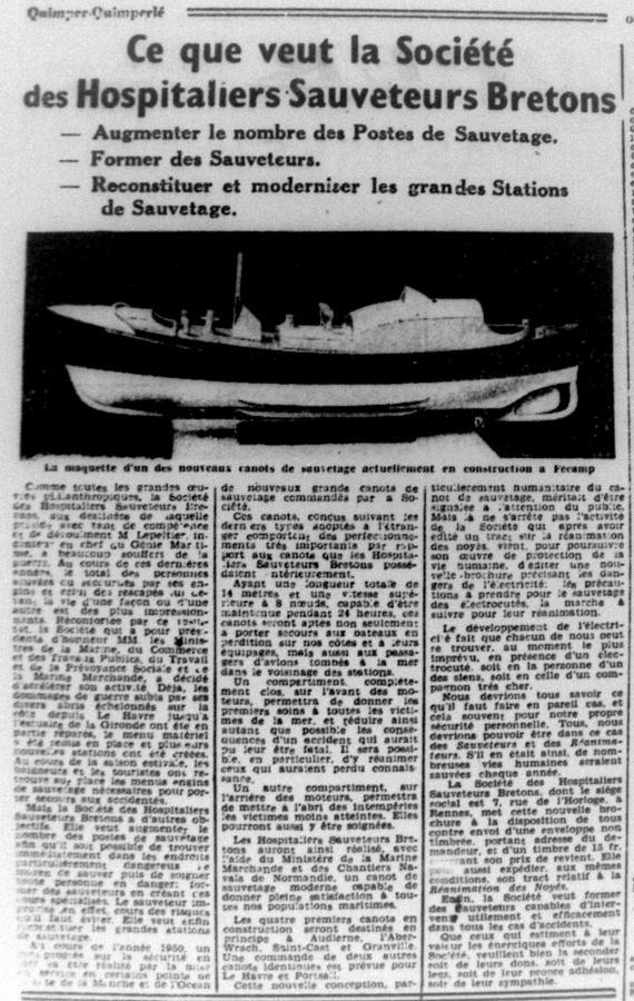 11- Ouest France de 1949 qui présente le futur canot pour Audierne.