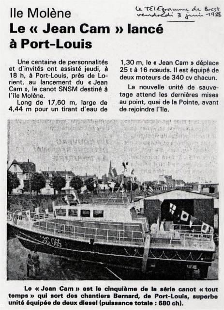 12- Le Télégramme, 13 juin 1988, le canot tout temps Jean Cam destiné à Molène a été lancé à Port-Louis.