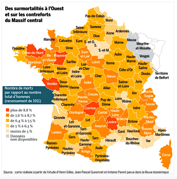 14-18, nombre de tués par département (La revue économique)