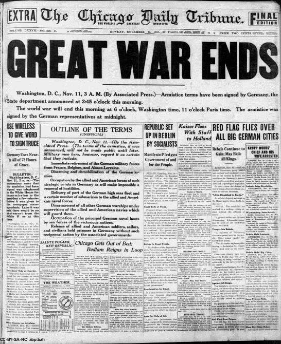 4-Chicago Tribune, la Une du lundi 11 novembre 1918.