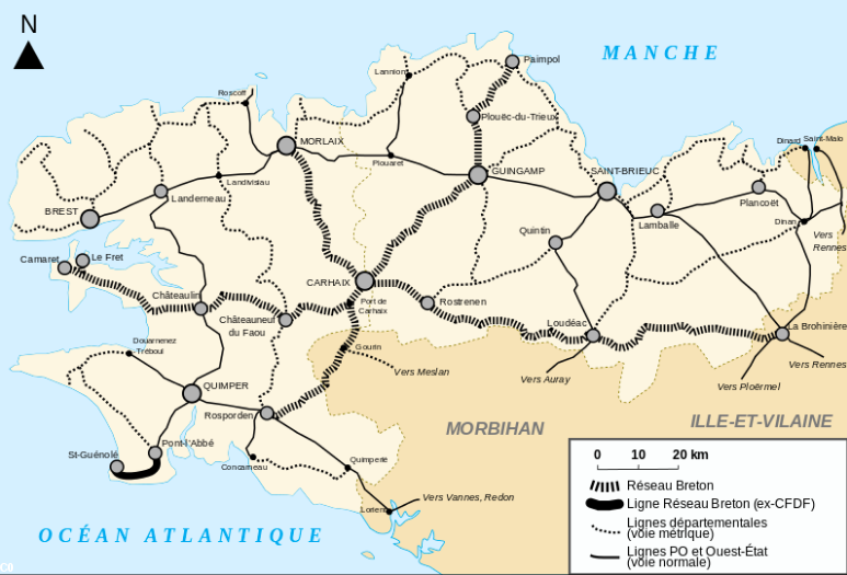 L'ancien réseau breton à écartement métrique.  Source :  Bourrichon — Travail personnel Signalétique :  CC BY-SA 3.0, https://commons.wikimedia.org/w/index.php?curid=3534921