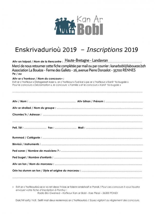 Fiche d'inscription 2019
Landavran