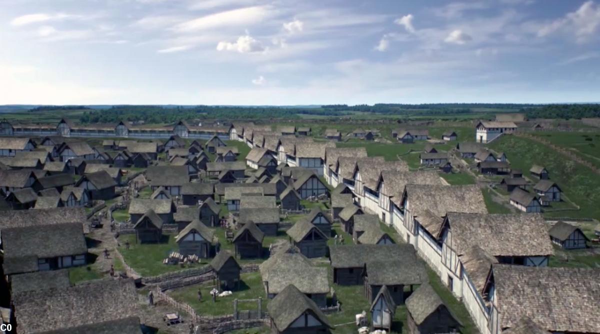 Reconstitution du village celte de La Heuneburg, un village fortifié se trouvant sur le Haut Danube près de Hundersingen entre Ulm et Sigmaringen en Bade-Wurtemberg, Allemagne. L'agglomération est considérée comme l'un des plus importants centres des Celtes en Europe centrale et le premier centre urbain constitué de milliers de personnes vers 600 BC. Source Arte https://www.arte.tv/fr/videos/066316-000-A/l-enigme-de-la-tombe-celte/