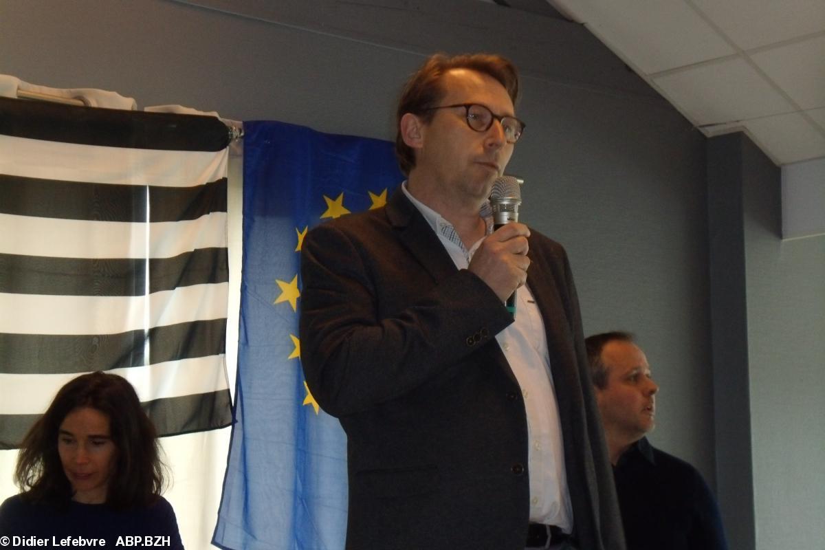 Première fête du parti Breton, le 28 avril 2019 à Iffendic. Gaël Fleurent, président du Parti Breton, introduit la journée