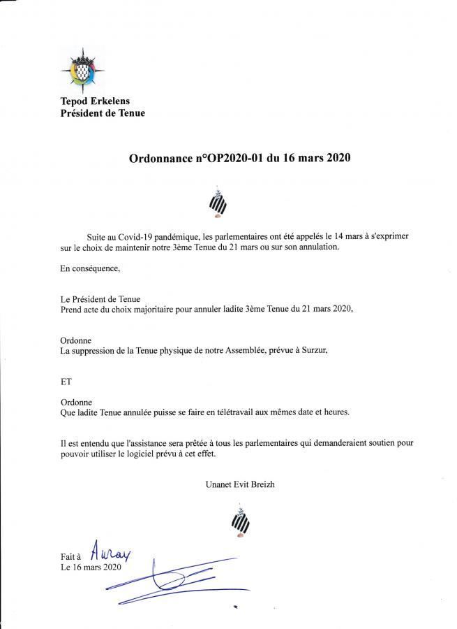 Ordonnance n°OP2020-01 du 16 mars 2020