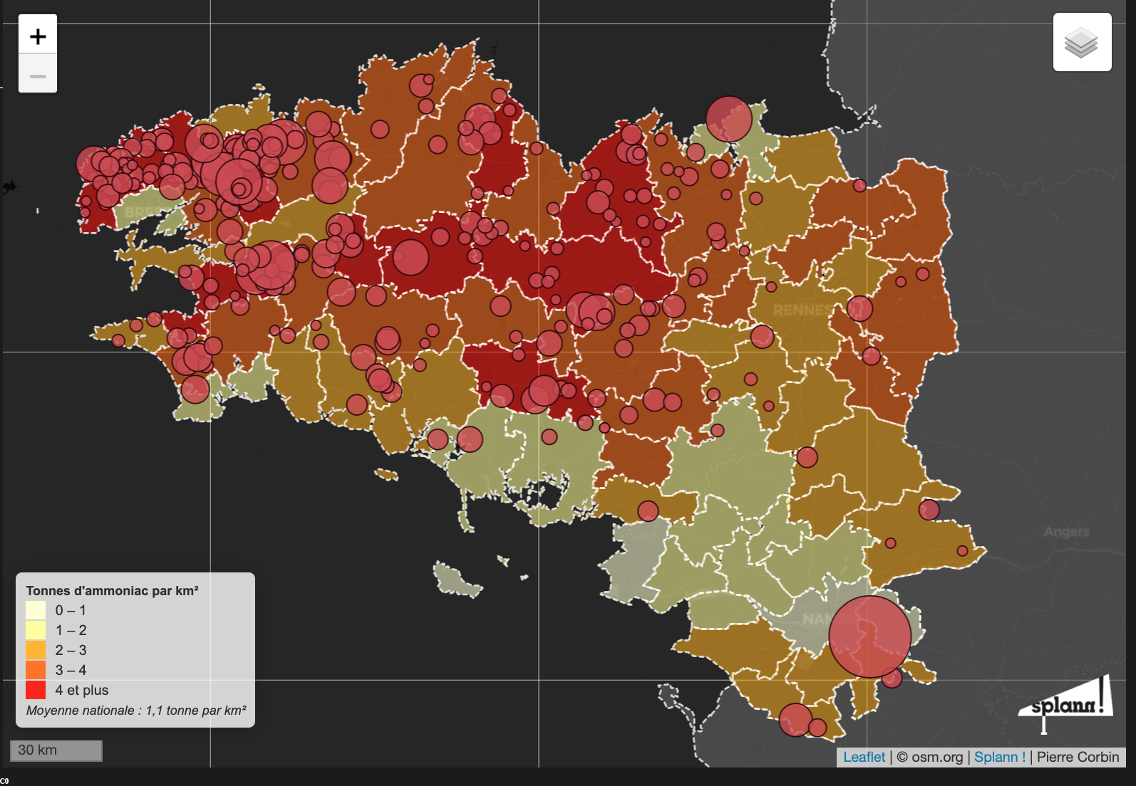 Tonnes d’ammoniaque par Km2 en Bretagne (carte de Splann !)