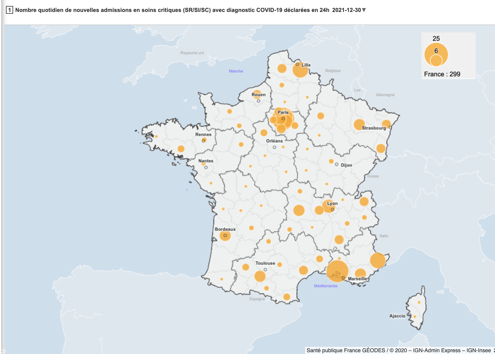 Nouvelles admissions en soin critique pour Covid le 30/12/2021 Source : Géodes - Santé publique France