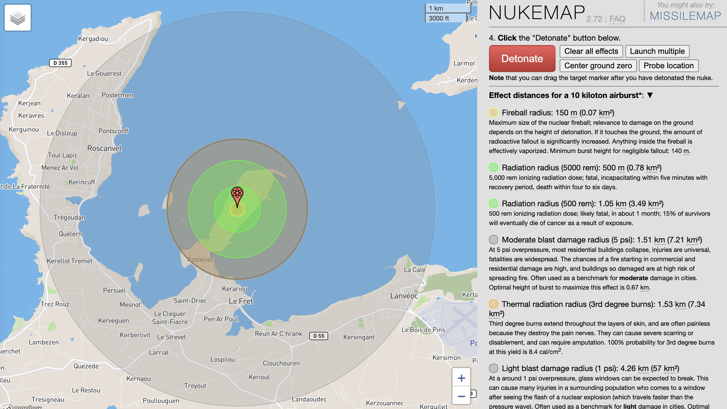 Dégâts causés par un missile nucléaire ballistique de 10 kilo tonne sur la base navale de l'Ile Longue selon Nuclear Secrecy https://nuclearsecrecy.com/nukemap/