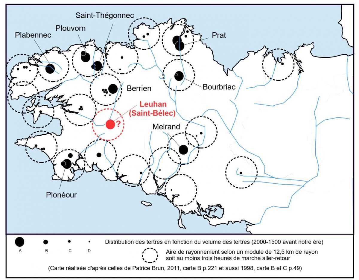 Géographie des tumuli selon Patrice Brun dans la partie occidentale de la péninsule armoricaine à l’âge de bronze vers 2000-1500 avant notre ère.