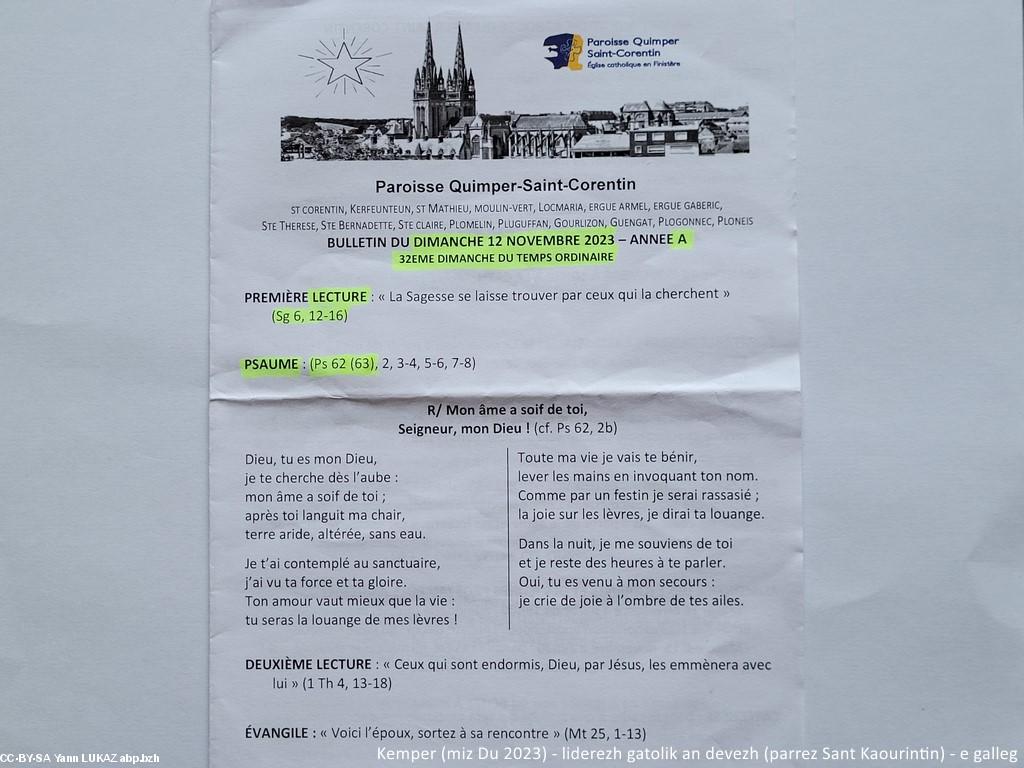 Kemper, parrez Sant-Kaourintin. Follennig ar sul-mañ (e galleg nemetken). Quimper, paroisse Saint-Corentin, feuille liturgique de ce dimanche-là (e galleg).