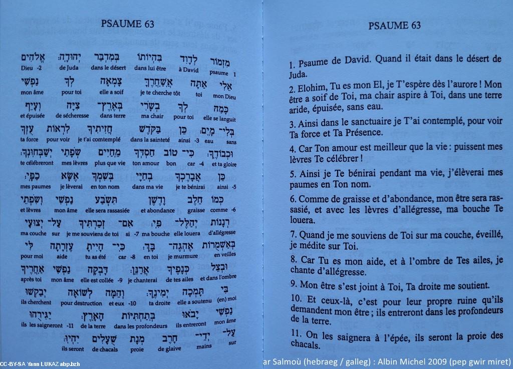 Salm (hebraeg/galleg). Psaume (édition de travail hébreu/français). Albin Michel, 2009. Traduction Patrick Calame et Frank Lalou. Nota: à l'inverse des langues européennes, l'hébreu se lit de la droite vers la gauche. Ces textes conçus, et en tout cas utilisés pour la liturgie du Temple (Jérusalem), ont été écrits il y a 25 siècles ou plus.