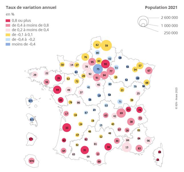 évolution de la population par département en France de 2015 à 2021