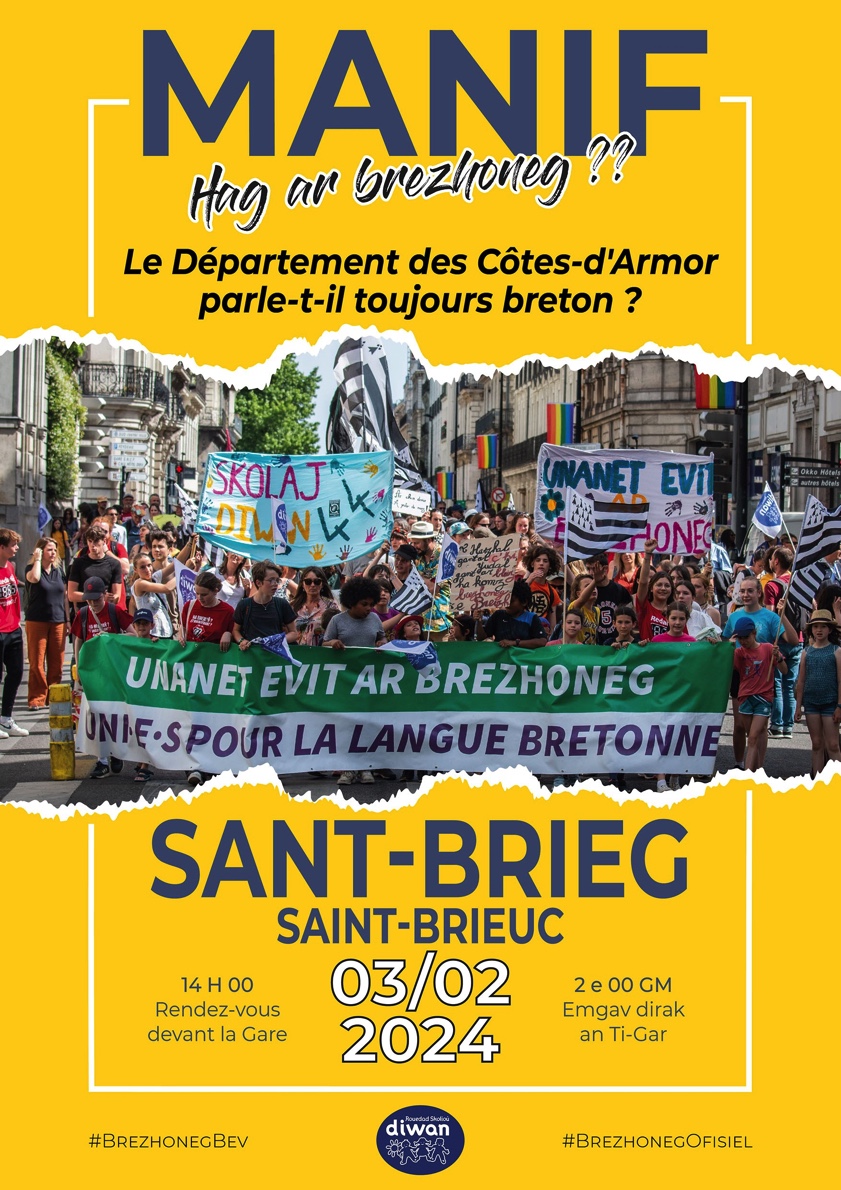 Manifestadeg evit ar brezhoneg galvet gant Diwan, d'ar Sadorn 3 a viz C’hwevrer da 2 eur goude merenn, Plasenn an ti gar e Sant Brieg