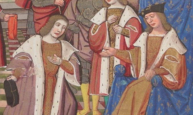 Hommage de saint Judicaël à Dagobert I, Guillaume Crétin, Chroniques françaises, XVIe siècle (Paris, BnF, Français 2819 f.74v)