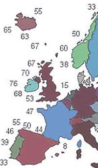 La carte des potentiels énergétiques de la houle en Europe. Les nombres indiquent les kw par mètre.